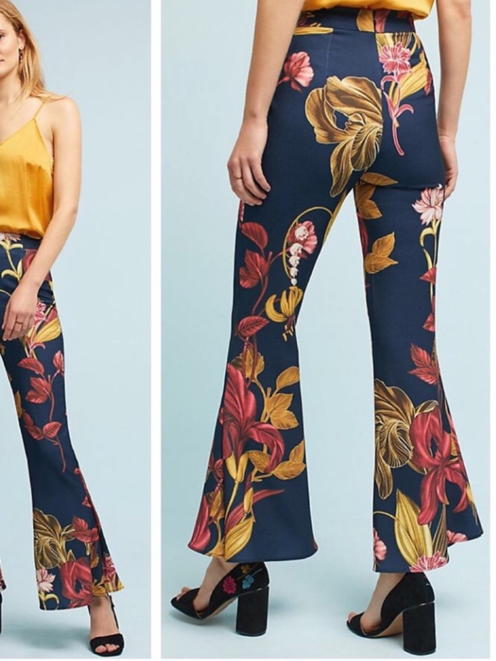 Anthropologie Navy Botanical Floral Flare Pants C/MEO Collective